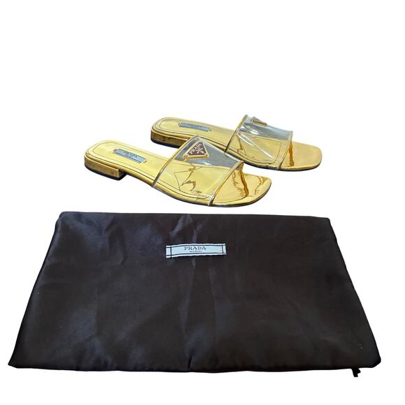 Prada Ciabatte Clear PVC Enameled Triangle Logo Flat Sandal Platino Gold Size 37 - Picture 1 of 14